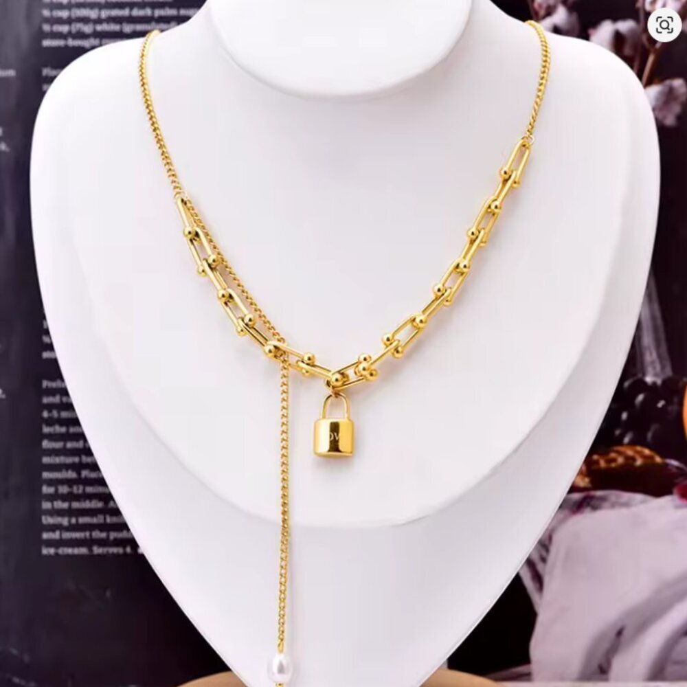316L Stainless Steel New Fashion Fine Jewelry Lovers Lock U-Shaped Pearl Tassels